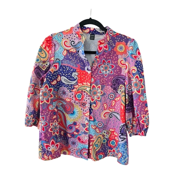 Shein Paisley Shirt Womens Sz M Mixed Print Button Up Blouse Colorful Bohomeim - Picture 2 of 13